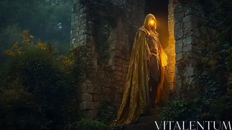 Hooded Figure in Stone Ruins AI Image