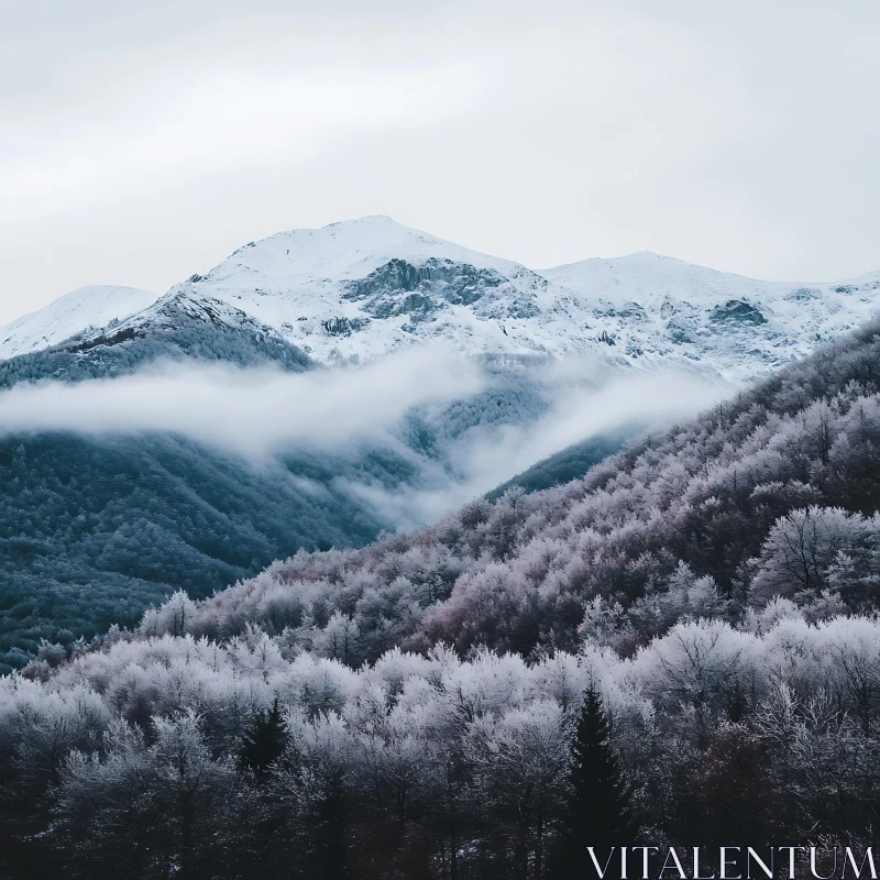 Snowy Peaks and Frozen Forest AI Image