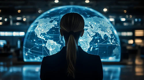 Woman Contemplates a Global Network Map
