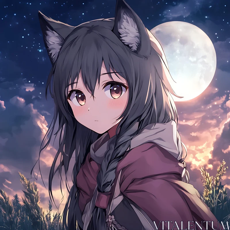 Mystical Anime Girl with Wolf Ears in Moonlit Night AI Image