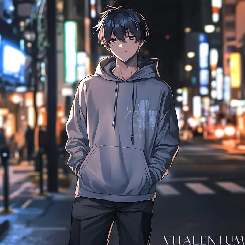 Anime Character Strolling Through Neon-Lit City AI Image