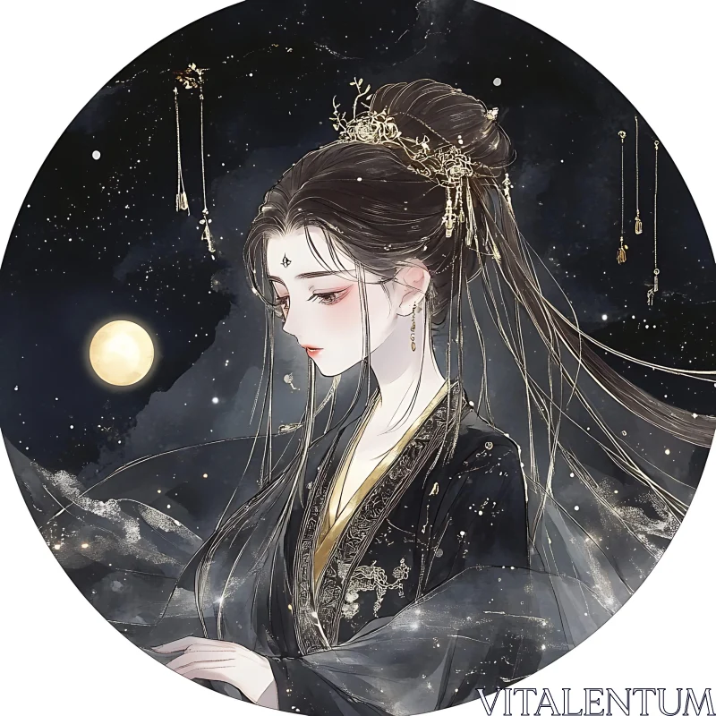 Elegant Anime Lady with Moonlit Background AI Image