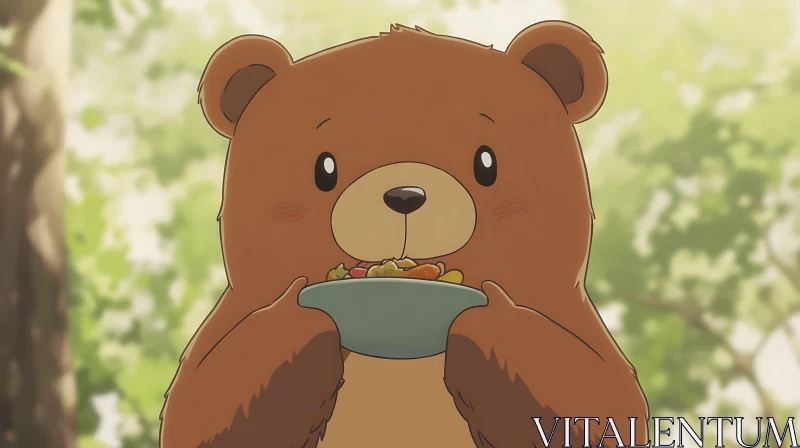 Cute Cartoon Bear in a Forest with a Bowl of Food AI Image