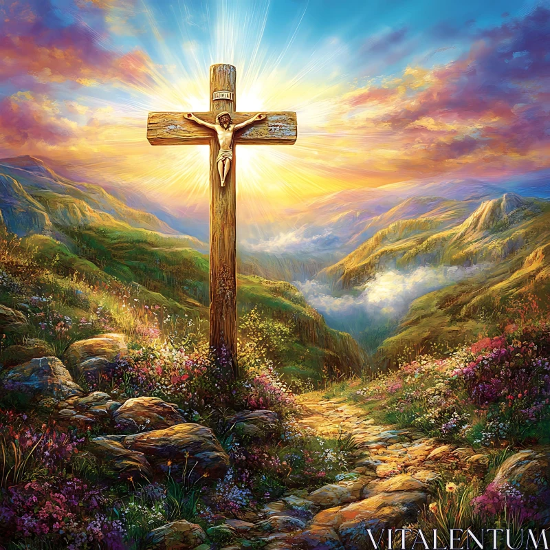 Wooden Cross on a Floral Path AI Image