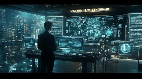 Man Analyzing Data in a Futuristic City