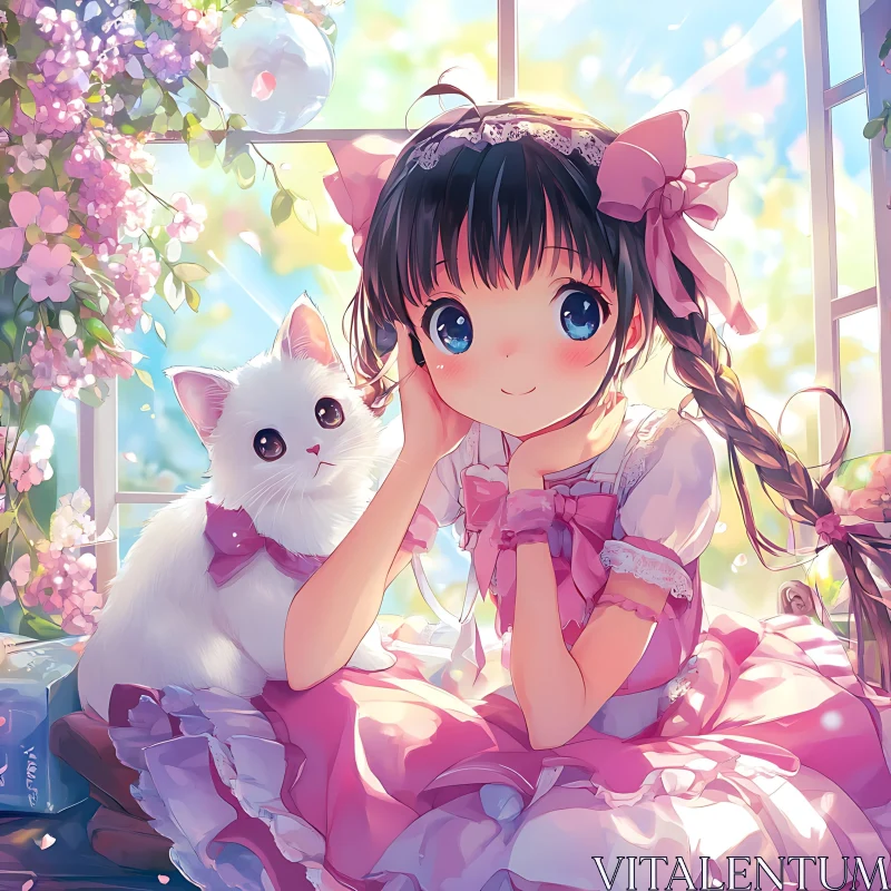 Adorable Anime Girl with Cat and Blossoms AI Image