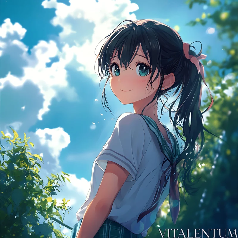 Anime Girl Smiling Under Blue Sky AI Image