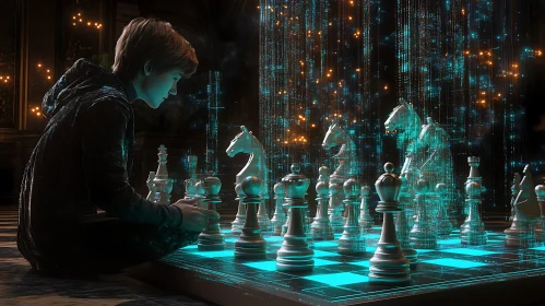 Boy Playing Chess with Digital AI