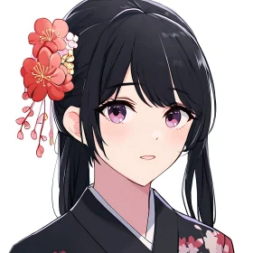 Anime Girl in Black Kimono