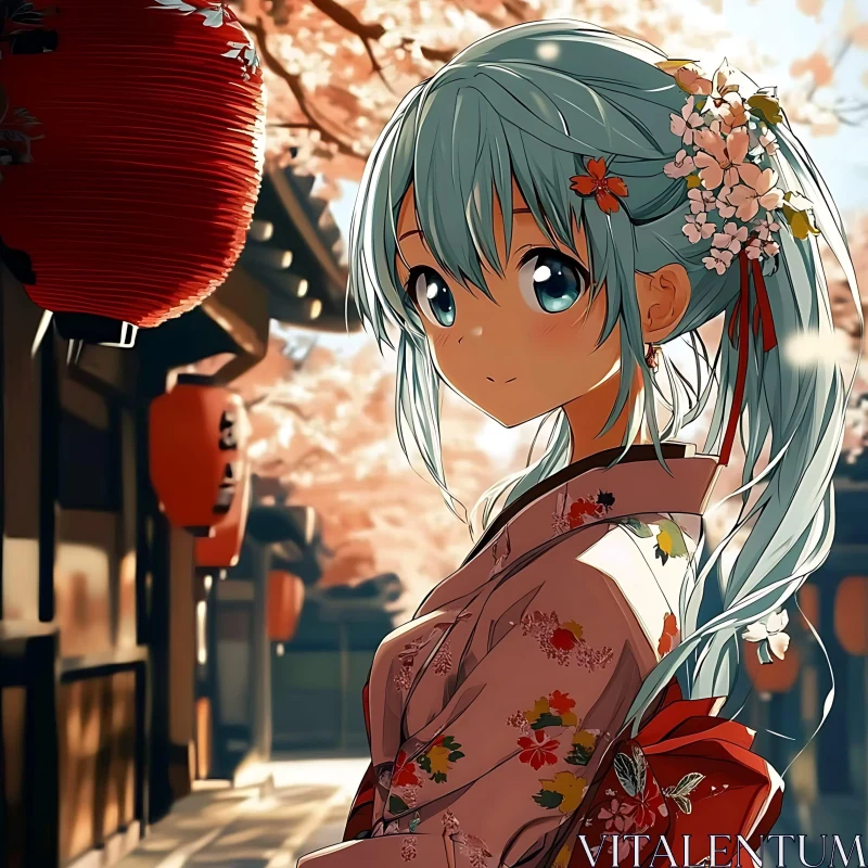 Blossom-Clad Anime Girl in Japanese Street AI Image