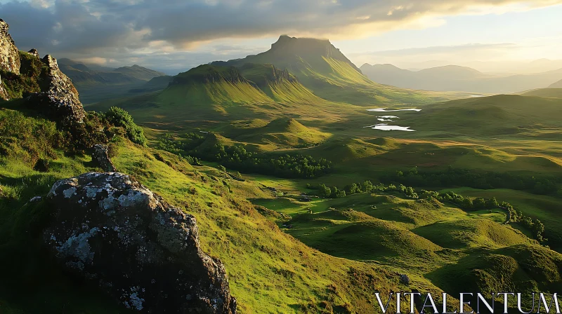 Green Landscape with Mountain Peaks AI Image