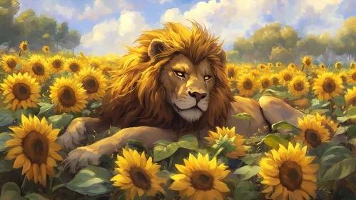 Golden Lion Among Sunflowers