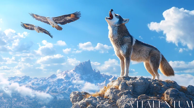 AI ART Wolf and Eagles Mountain Scene