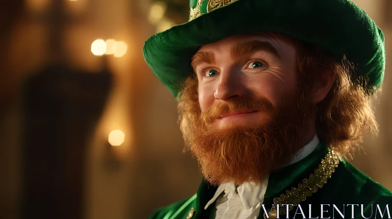 Smiling Leprechaun in Green Hat AI Image