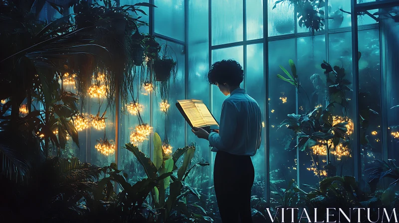 Botanical Reader in a Glowing Greenhouse AI Image