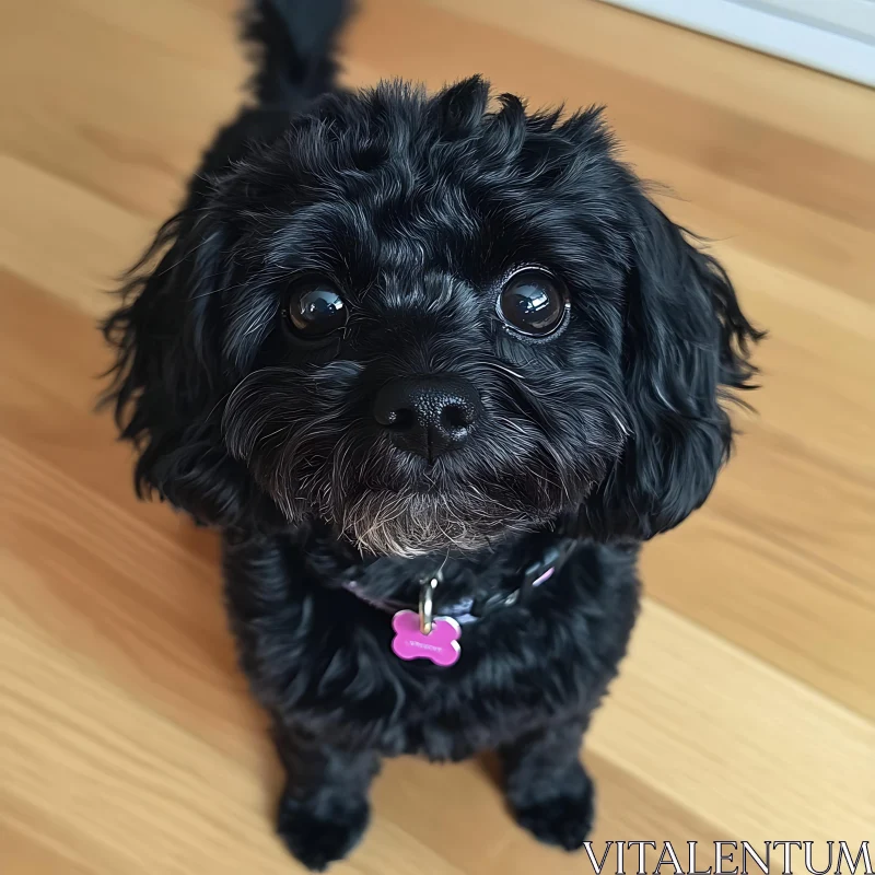 Cute Black Dog with Pink Bone-Shaped Tag AI Image