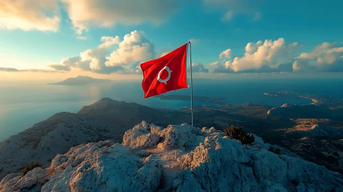 Flag of Turkey on Mountain Overlooking Sea