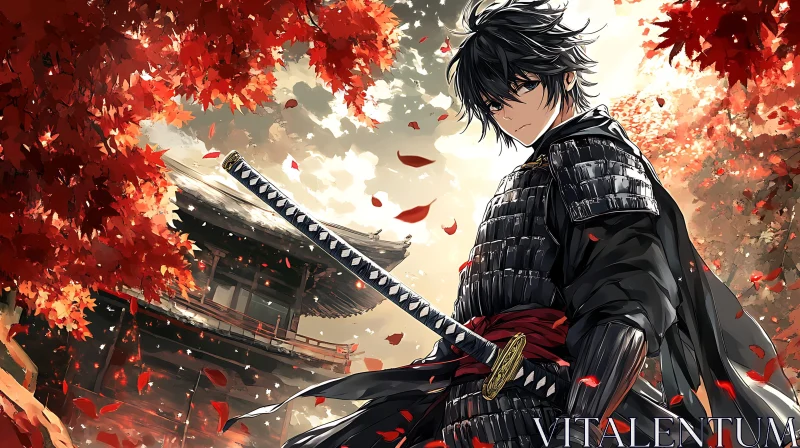 Autumn Samurai: Anime Art with Japanese Temple AI Image