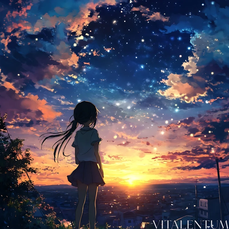 Girl's Contemplation During Sunset in Anime Art AI Image