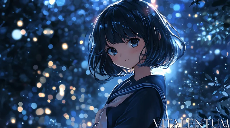 Mystical Anime Girl with Nighttime Glow AI Image