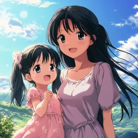 Anime Illustration of Mother and Daughter in Nature