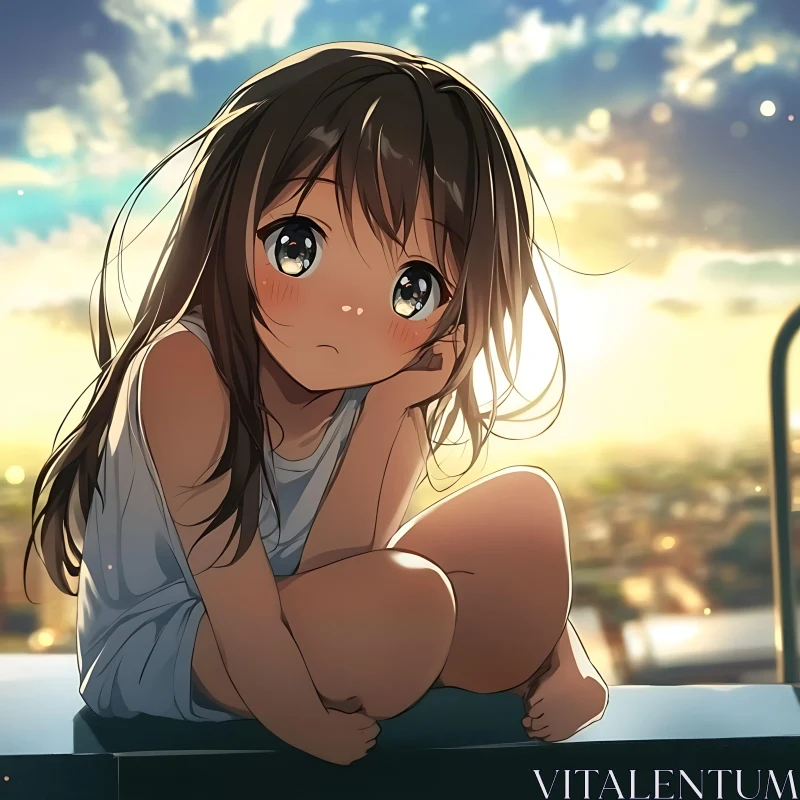 Thoughtful Anime Girl Amidst Golden Sunset AI Image