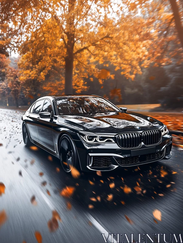 Black Sedan in a Fall Setting AI Image