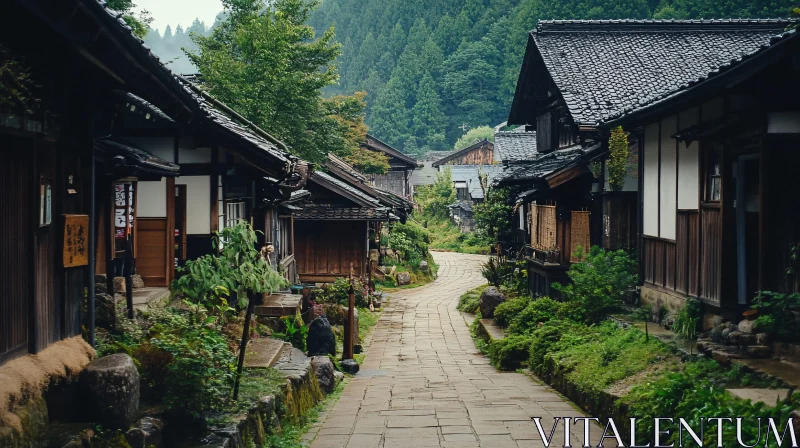 Serene Stone Pathway in a Traditional Village AI Image