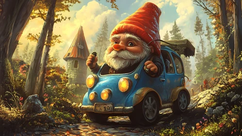 Whimsical Gnome Driving Through Enchanted Forest