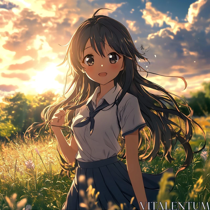 Sunset Field with Anime Girl AI Image