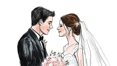 Romantic Wedding Sketch of Bride and Groom