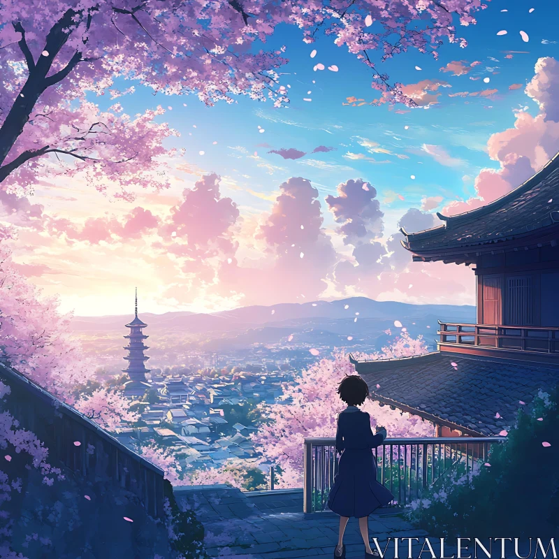 Anime Sunset View with Cherry Blossoms and Pagoda AI Image