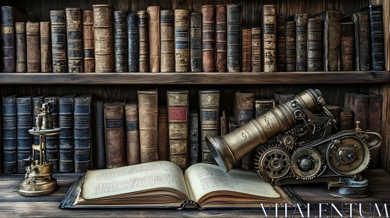 AI ART Antique Books with Steampunk Telescope