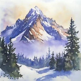 Snowy Mountain Peak Watercolor Art