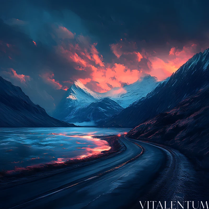 AI ART Mountain Lake Road Sunset Landscape