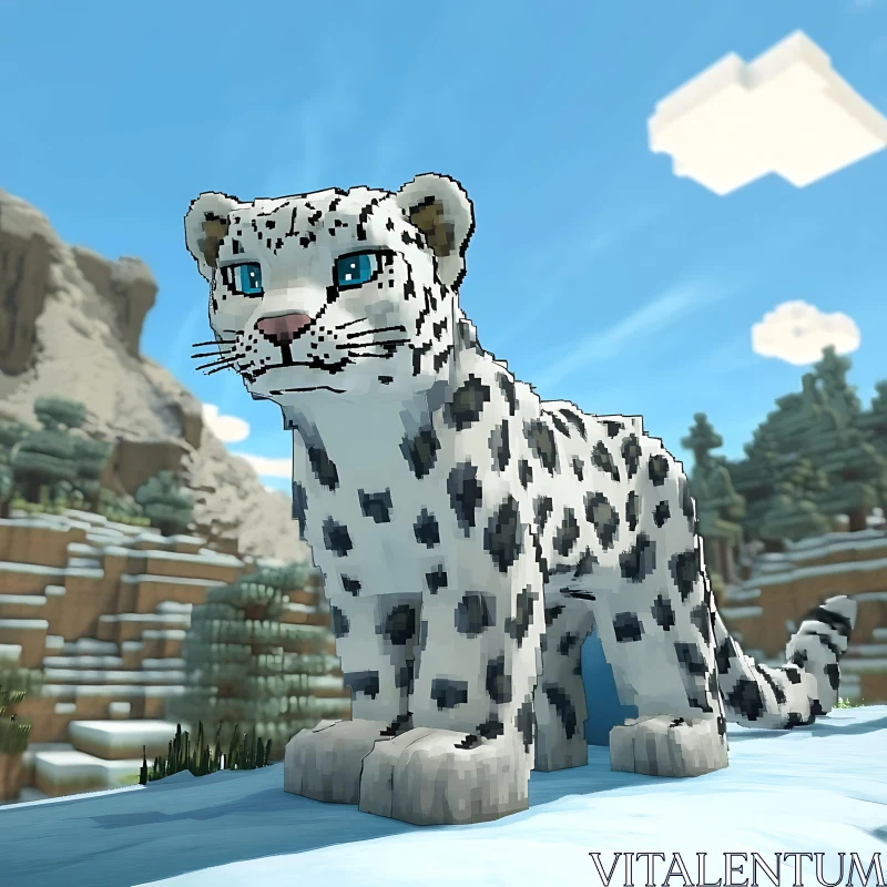 AI ART Blocky Snow Leopard in a Digital Landscape