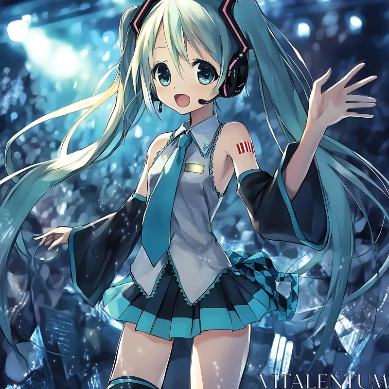 Energetic Blue-Haired Anime Girl at Concert AI Image