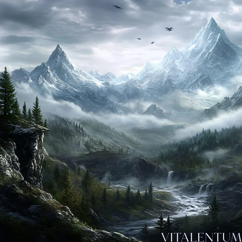 AI ART Snowy Mountains and River Valley View