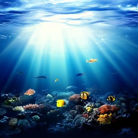 Sunlit Ocean Scene with Colorful Fish