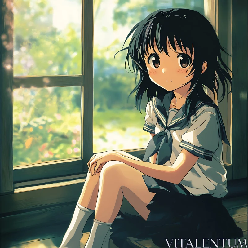 Contemplative Anime Schoolgirl AI Image