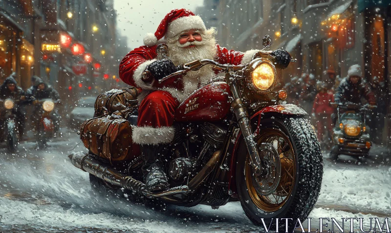 Festive Santa on Motorcycle During Winter Holiday AI Image