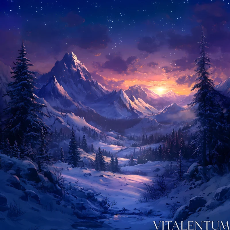 AI ART Snowy Peaks at Sunset