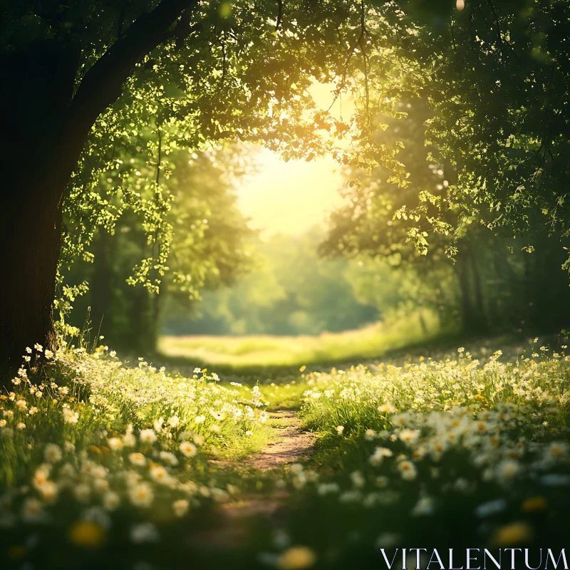 Serene Forest Path with Blooming Wildflowers AI Image