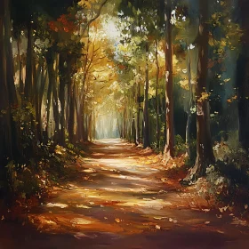 Sunlit Forest Path in Autumn