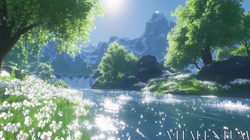 Tranquil Nature Scene with River and Snowy Mountains AI Image