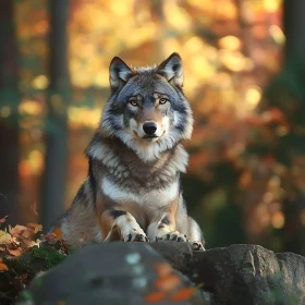 Wolf on Rock with Autumnal Backdrop