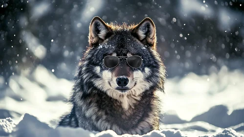 Wolf with Glasses in Winter Wonderland