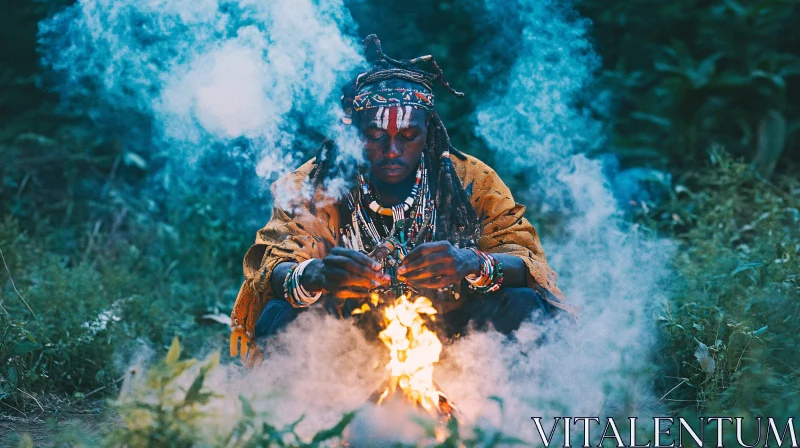 Man Meditating by Campfire AI Image