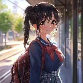 Anime Girl with Backpack at Sunny Train Station