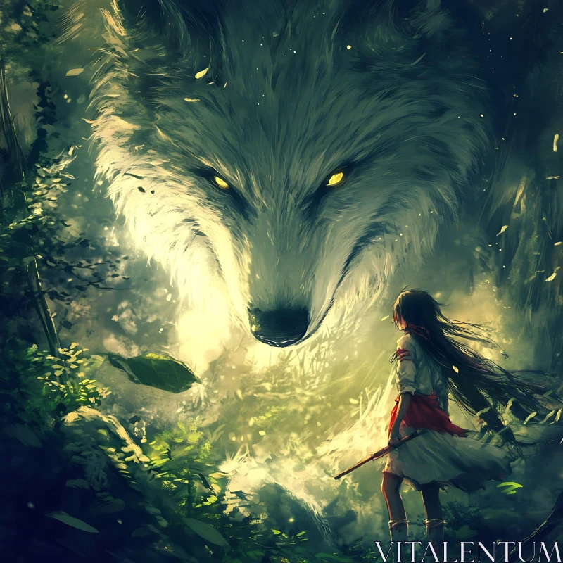 AI ART Girl and Wolf in Forest